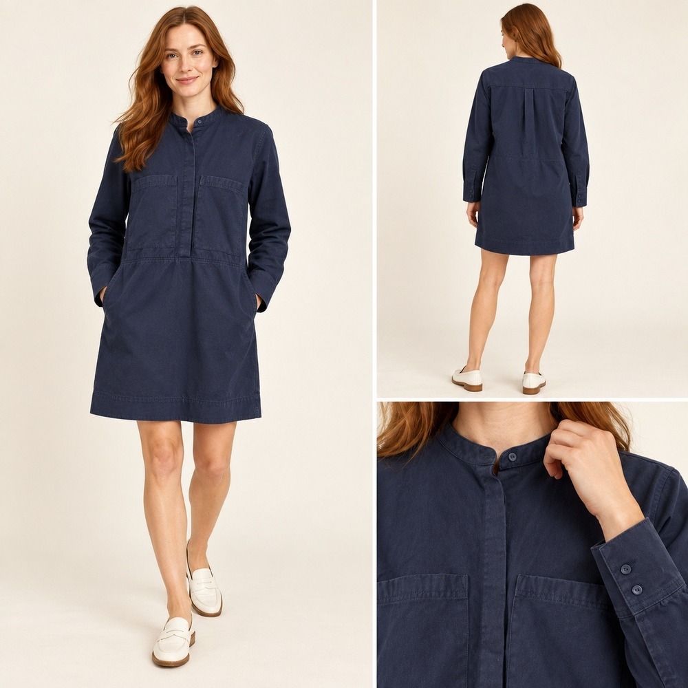 Pomander Place Tuckernuck XL Navy Blue Cotton Band Collar Shift Shirt Mini Dress